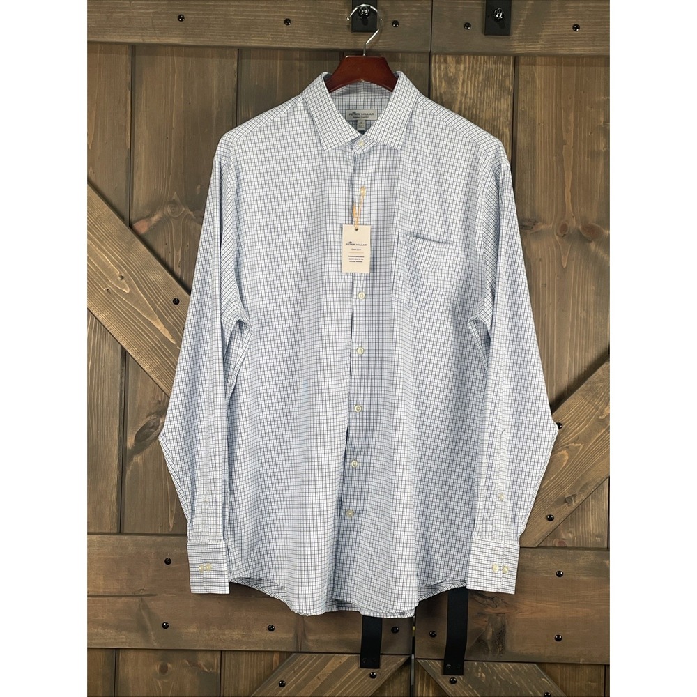 NWT Peter Millar Summer Comfort Blue White Check Stretch Button Up Shirt Men's L